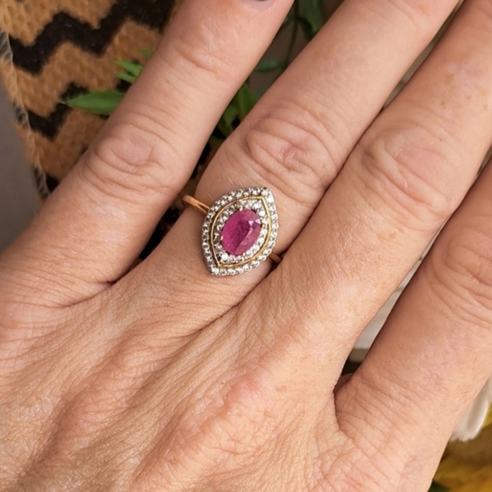 Ruby & White Zircon Marquise Double Halo Ring 6.5